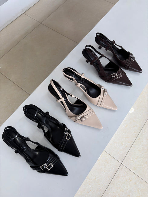 Belted Pointy Toe Slid On kitten Heels